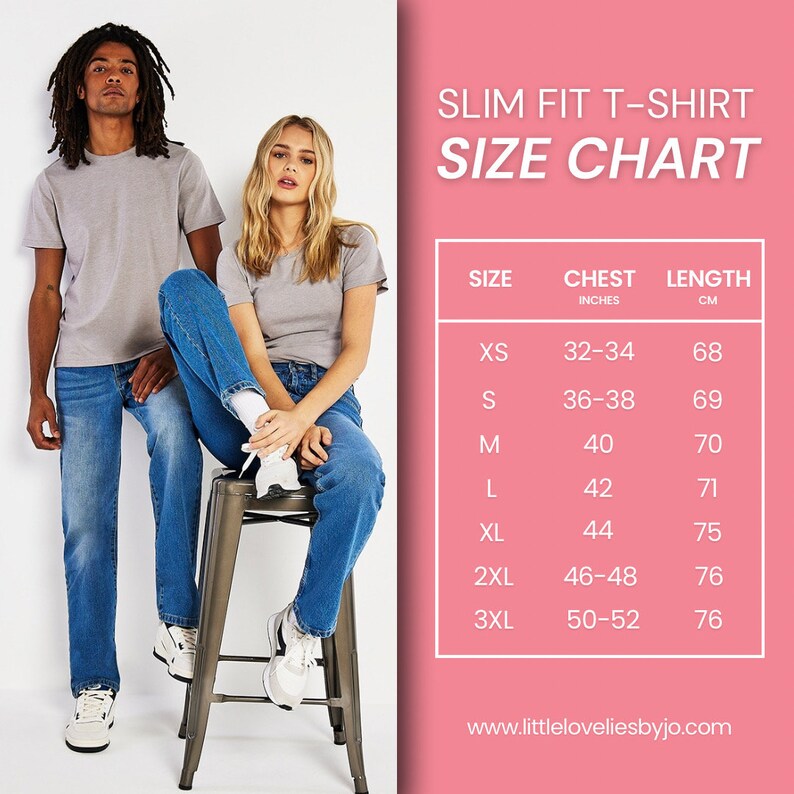 May include: A size chart for slim-fit t-shirts, with measurements in inches and centimeters. The chart includes sizes XS to 3XL, with chest measurements ranging from 32-34 inches to 50-52 inches. The length measurements range from 68 cm to 76 cm.