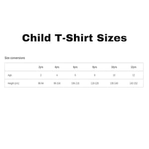 May include: A chart showing child t-shirt sizes in years and corresponding height in centimeters. The chart shows sizes from 2 years to 12 years.