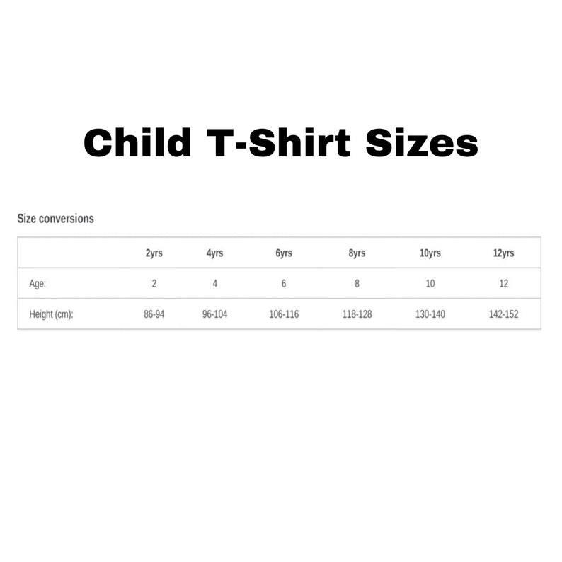 May include: A chart showing child t-shirt sizes in years and corresponding height in centimeters. The chart shows sizes from 2 years to 12 years.