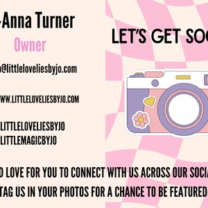 May include: A pastel-colored graphic with the text "LET'S GET SOCIAL!" and a camera illustration. The image includes contact information for Jo-Anna Turner, including an email address, website, and social media handles. The background has a pink and white checkered pattern.