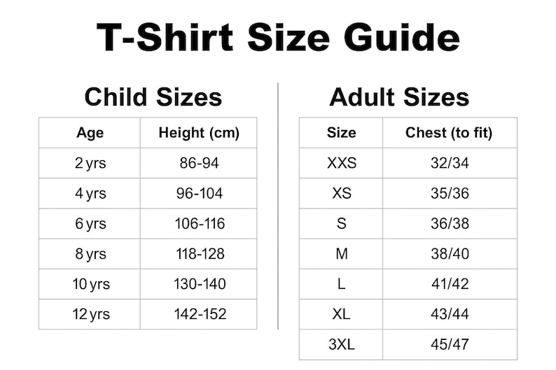 Puede incluir: Una gu&iacute;a de tallas de camisetas en blanco y negro con tablas de tallas para ni&ntilde;os y adultos. Las tallas de ni&ntilde;os se basan en la edad y la altura en cent&iacute;metros. Las tallas de adultos se basan en las medidas del pecho en pulgadas.