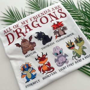 May include: White t-shirt featuring a graphic of various dragons from the How to Train Your Dragon franchise. The text "All of my friends are dragons" is printed in red at the top of the shirt.