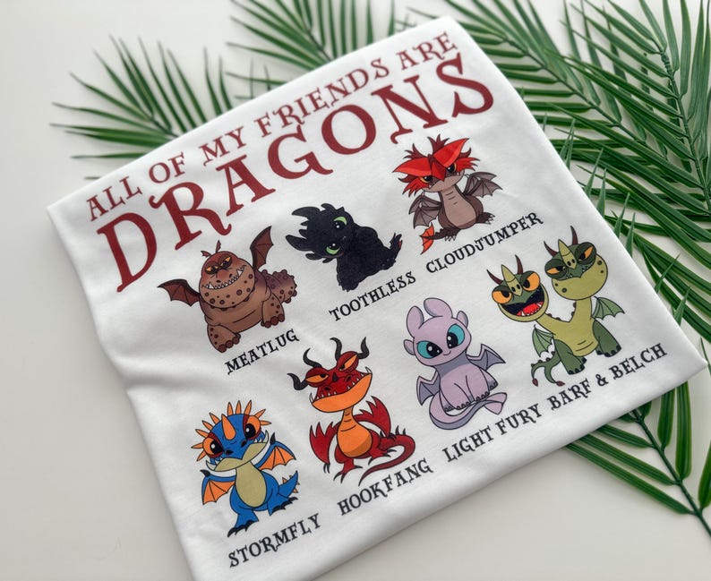 May include: White t-shirt featuring a graphic of various dragons from the How to Train Your Dragon franchise. The text "All of my friends are dragons" is printed in red at the top of the shirt.