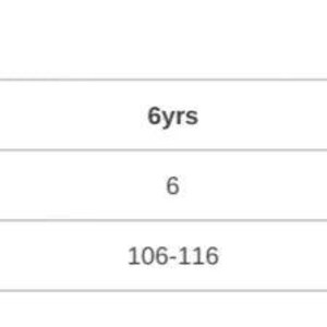 May include: Size conversion chart for children's clothing, showing age in years and corresponding height in centimeters.
