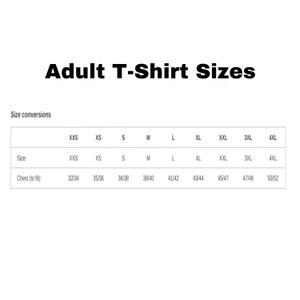 May include: A chart showing adult t-shirt sizes with corresponding chest measurements in inches. The sizes are XXS, XS, S, M, L, XL, XXL, 3XL, and 4XL.
