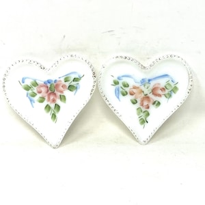2 Small Milk Glass Hand Painted Heart Pin Dish Vintage / Antique Trinket Dish Milk Glass