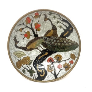 Brass Hand Painted Enamel Peacock Decorative Bowl Vintage 7.25&quot; India / Antique Peacock Decorative Bowl