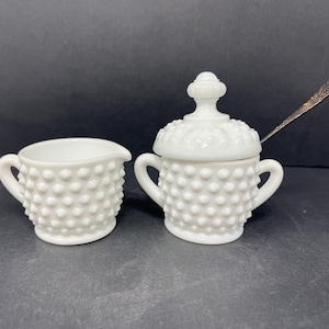 Vintage Fenton Hobnail Milk Glass Cream and Sugar Set