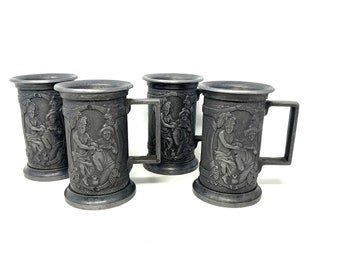 4 Vintage Pewter Small Steins Tankards Castleware A Skinner Selection Made in Spain / Antique Small Pewter Castleware Set of 4 Steins