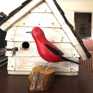 Carved Scarlet Tanager / Carved Bird Statue / Scarlet Tanager Bird Lover Gift / Scarlet Tanager Wood Carving / Jim Slack Wood Carving
