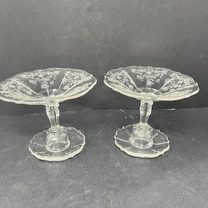 2 Fostoria Clear Crystal Etched Candle Holder Compote Vintage / Antique Fostoria Clear Candle Holder