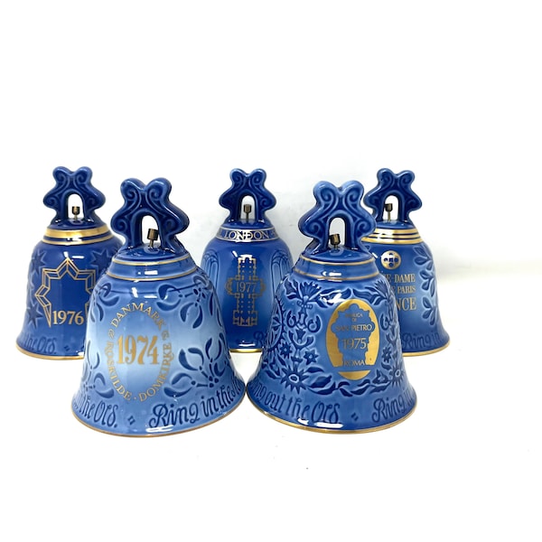 5 Vintage B&G Copenhagen Denmark Porcelain Bells 1974 - 1978 / Antique Bing and Grondahl Blue Cobalt Porcelain Bell