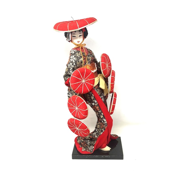 Japanese Geisha Doll in Kimono -Kabuki Dance of the Five Hats Doll 15" / Vintage Japanese Maiden Geisha in Kimono with Red Hats