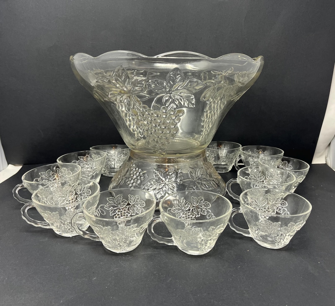 Anchor Hocking Grape Vine Punch Bowl Beverage Service Set With Original ...