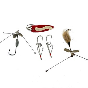5 Vintage Fishing Lures / Antique Fishing Lures / Heddon Stanley Spinner /  Minnow Harness / Acme Weedless 
