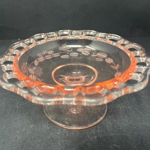 Pink Depression Glass Lace Edge Pedestal Dish Compote Vintage / Antique Pink Glass Pedestal Dish