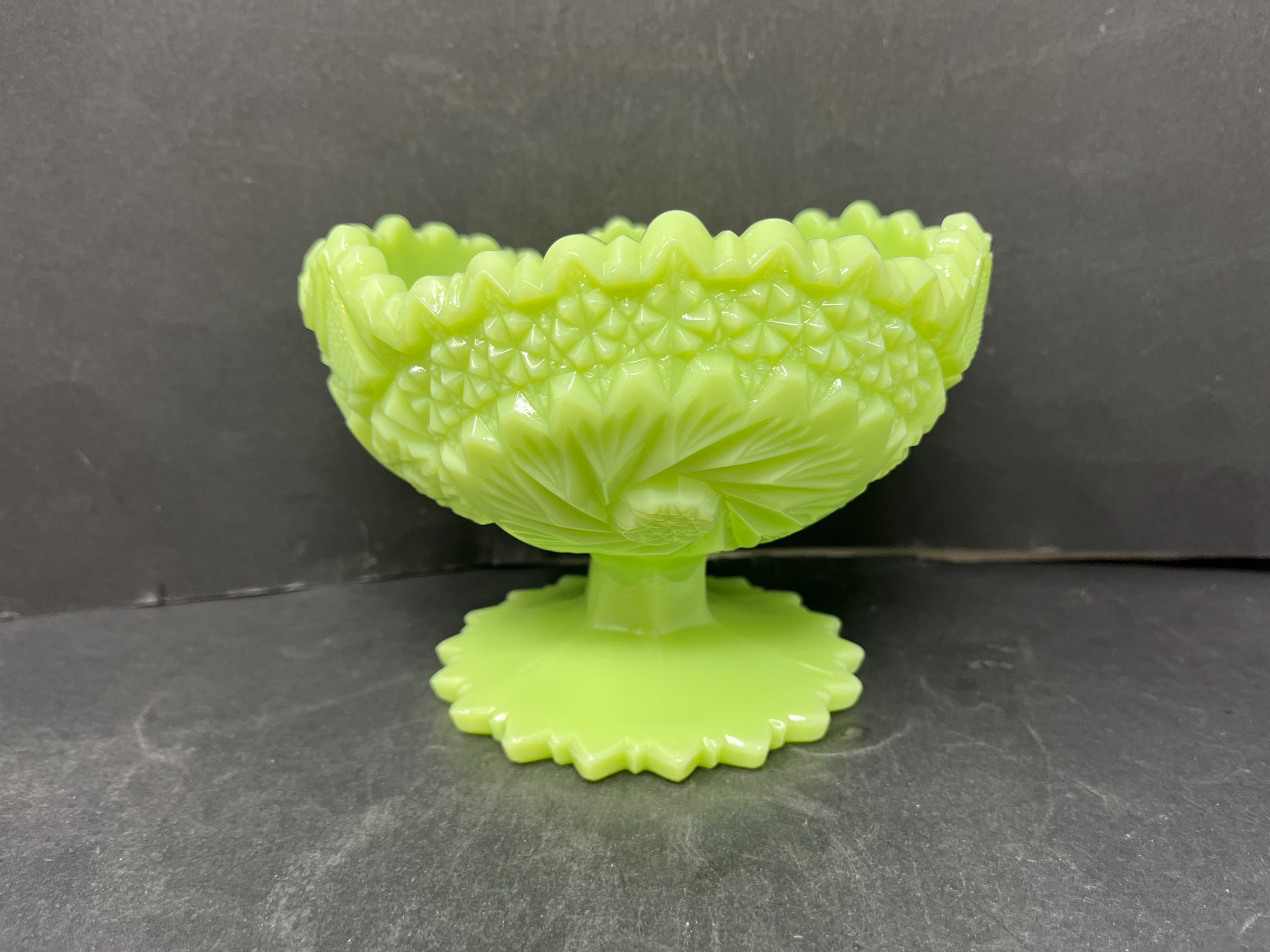 Fenton Green Glass Pedestal Compote Candy Dish Vintage / Antique Pedestal Candy Bowl Fenton Green Glass