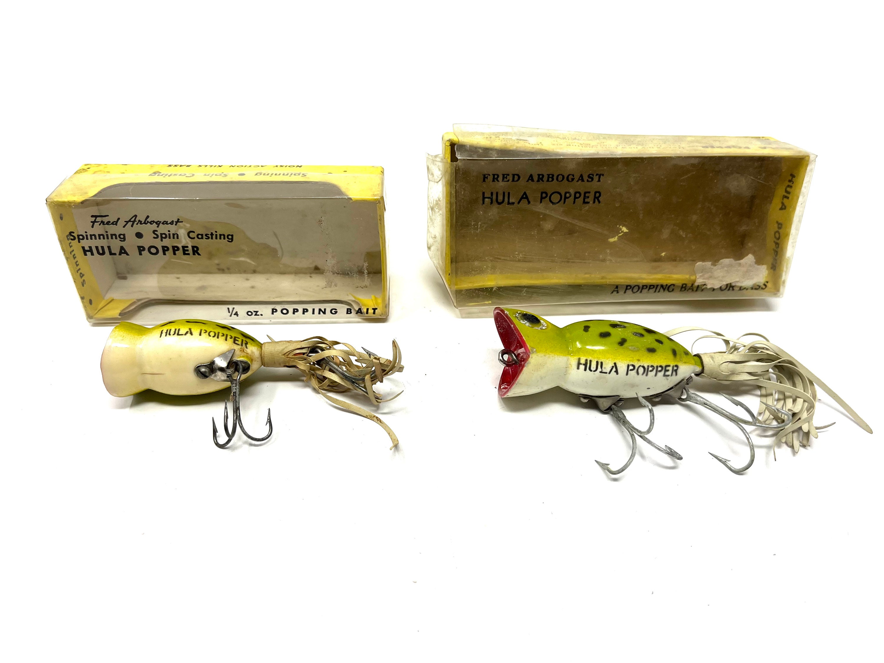 2 Vintage Fred Arbogast Hula Popper Lures in Frog in Correct Box