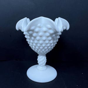 Fenton Milk Glass Hobnail Vase: Ruffled Edge Pedestal Bowl