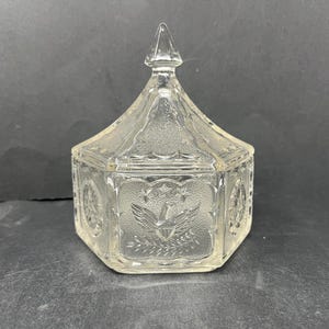Indiana Clear Glass Colonial Eagle & Star Glass Canister Candy Dish w/ Lid Vintage / Antique Eagle Star Indiana Candy Dish