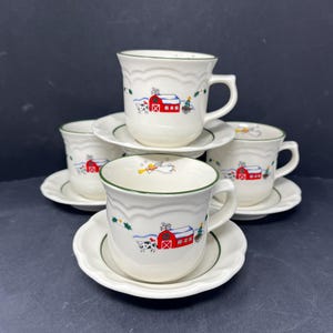 4 Pfaltzgraff Snow Village Flat Cup and Saucer Set Snowman Christmas Vintage / Snow Village by Pfaltzgraff Christmas Cup and Saucer
