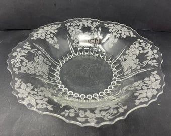 Vintage Fostoria Glass Bowl: Etched Panel, Beaded Scalloped Edge, 13"