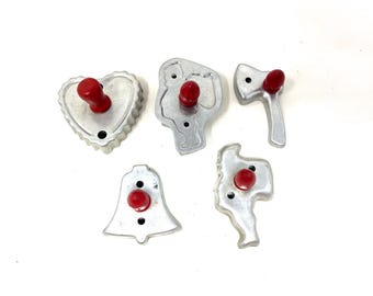 Vintage Aluminum Christmas Cookie Cutters with Wood Handles - Set of 5