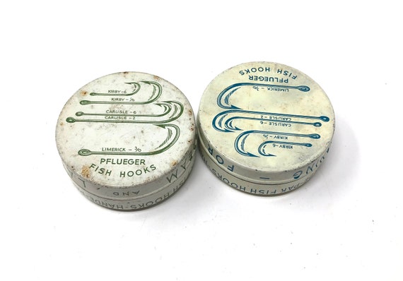 2 Vintage Pflueger Hande-pak Fish Hook Tins With Hooks / Antique