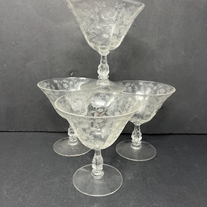 4 Cambridge Rose Point Style 3121 Low Sherbet Dishes Glasses Vintage / Antique Cambridge Rose Sherbet Glasses