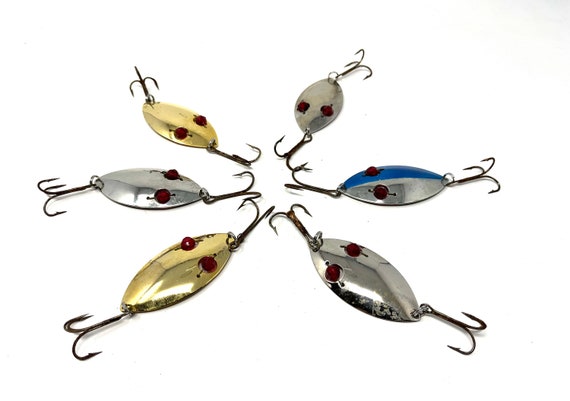 Vintage Red Eyed Wobbler Spoon Lures / 6 Antique Fishing Lures Red