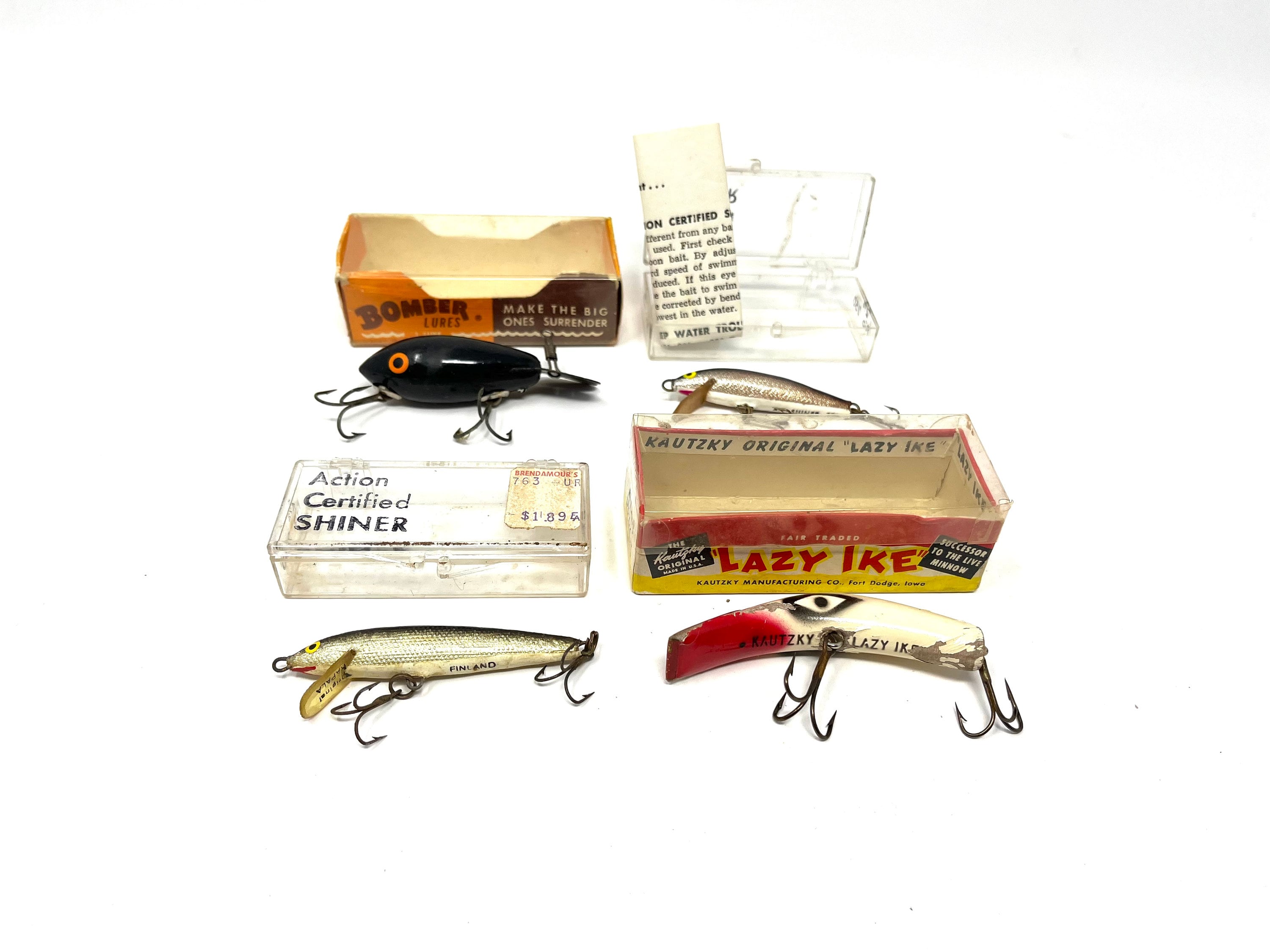 4 Vintage Boxed Lures / Antique Fishing Lure with Box / Vintage Lazy Ike  Lure / Antique Bomber Lure / 2 Certified Shiner Lure