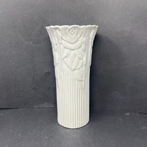 Shabby Chic White Floral Roses Vase Vintage 10&quot; / Antique Art Nouveau Embossed Steam Roses White Porcelain Vase