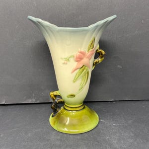 Hull Pottery Woodland Pedestal Vase Blue Top Green Base Vintage 8&quot; / Antique Vase Hull Pottery Woodland