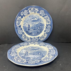 2 Lochs of Scotland Royal Warwick England Blue and White Plate Vintage 10&quot; / Antique Plate Warwick Lochs of Scotland