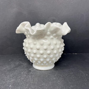 Vintage Fenton White Milk Glass Hobnail Vase: Ruffled Edge, 4&quot;