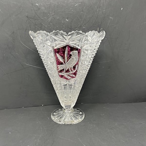 Hofbauer Byrdes Lead Ruby Red Crystal Birds Fan Vase Vintage 9&quot; / Antique Hofbauer Byrdes Crystal Fan Vase Germany
