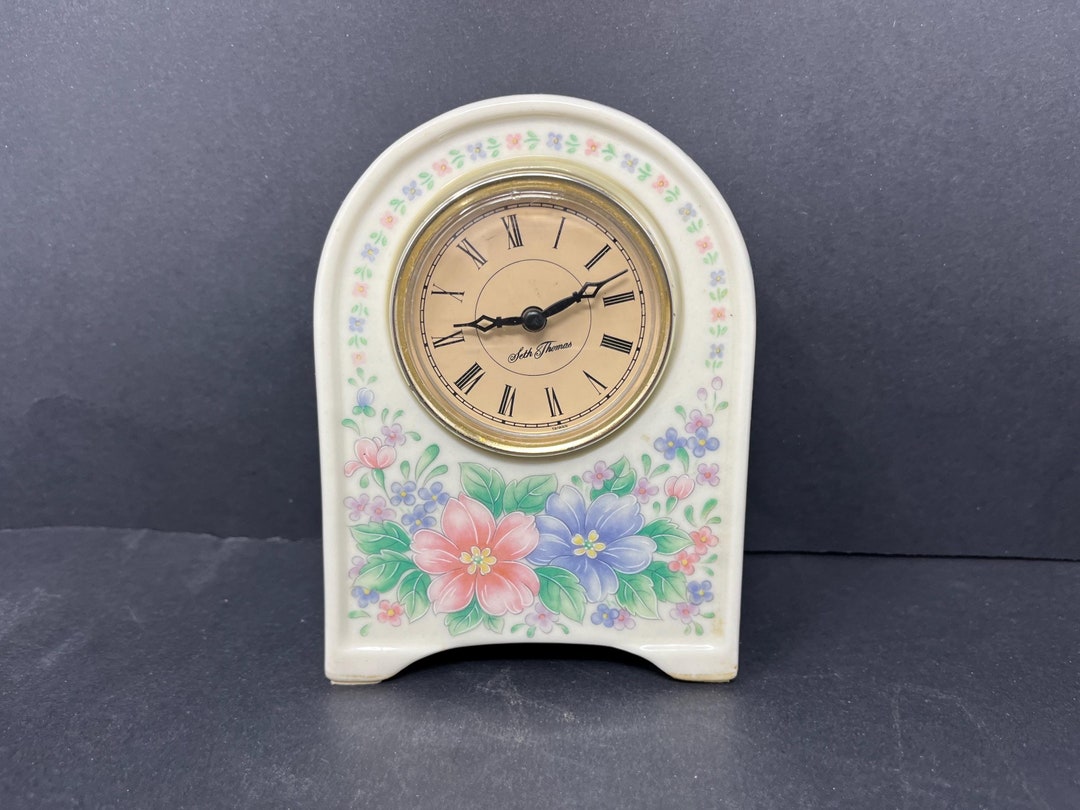 Vintage Seth Thomas Porcelain Mantle Clock: Floral Heather Model
