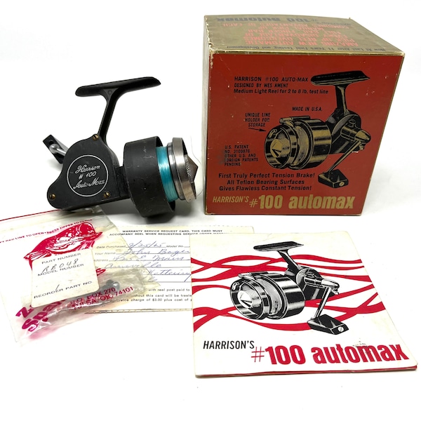 Vintage Harrison No 100 Auto Max Spinning Reel in Box with Parts and Papers / Antique Fishing Reel Harrison No 100 Auto Max Spinning Reel