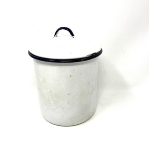 Vintage Enamelware Container with Lid / Antique Farmhouse White Container with Lid / Primitive Enamelware Container