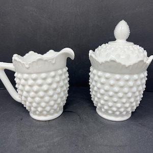 Vintage Fenton Hobnail Milk Glass Cream and Sugar Set