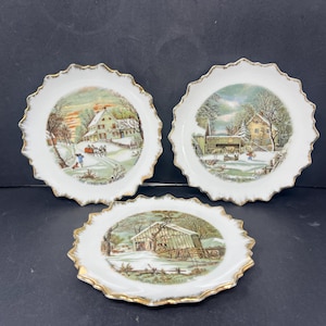 3 Currier and Ives Plates Vintage / The Homestead in Winter / The Old Homestead in Winter / The Farmer&#39;s Home Winter