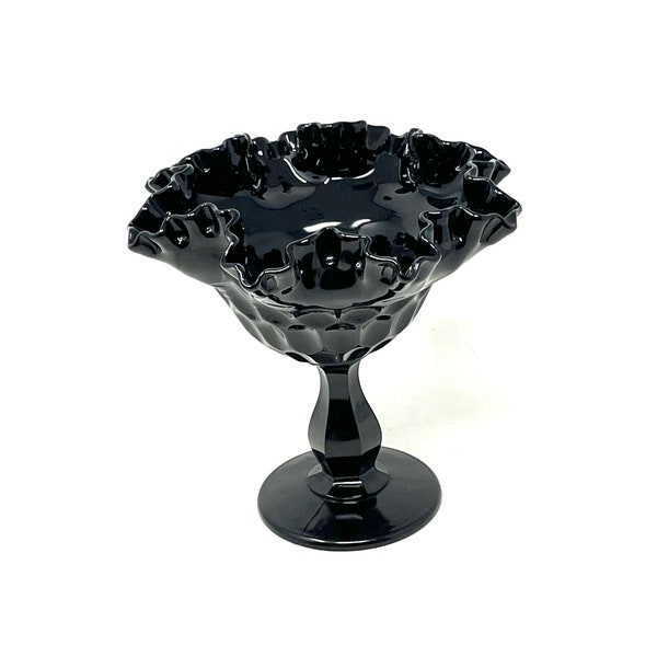 Vintage Fenton Black Glass Thumbprint Ruffle Top Pedestal Bowl 8" / Antique Black Fenton Glass Candy Bowl