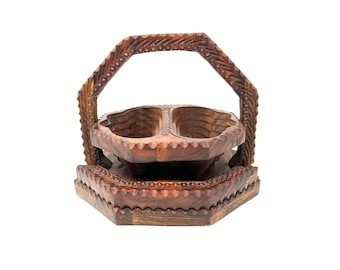Hand Carved Collapsible Wooden Basket: Vintage Decor