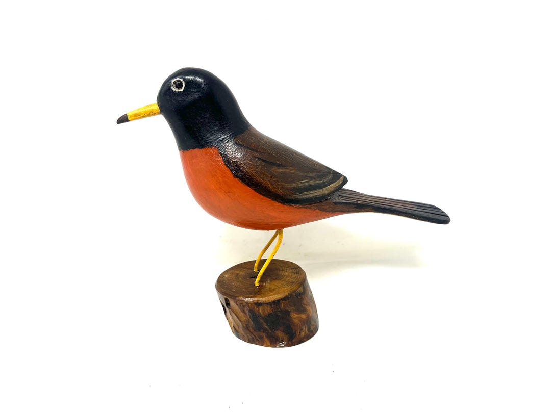 Hand Carved Robin Bird Statue - Folk Art Signed Jim Slack Wood Carving ...