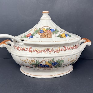 3 Piece Soup Tureen Bowl Harvest Fruit Basket Ceramic Japan Vintage / Antique Soup Tureen with Ladle Harvest Fruit Basket