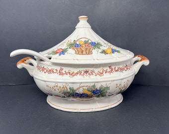 Vintage Ceramic Soup Tureen Bowl: Harvest Fruit Basket, Japan