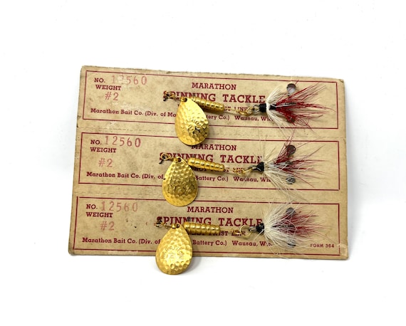 3 Vintage Marathon Spinning Tackle No 2 on Store Card / Antique Fishing Lure  Marathon No 2 Spinners 