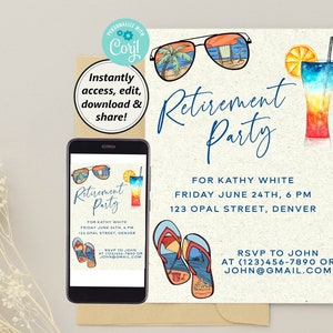 Beach Theme Retirement Party Digital Download - Editable and Customizable using Corjl - 5x7 - Print or Email or Text