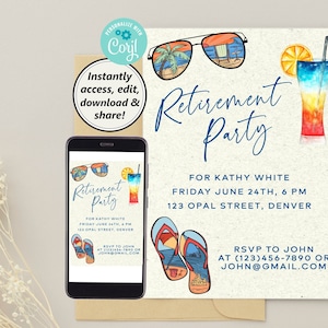Beach Theme Retirement Party Digital Download - Bewerkbaar en aanpasbaar met Corjl - 5x7 - Print of Email of Text