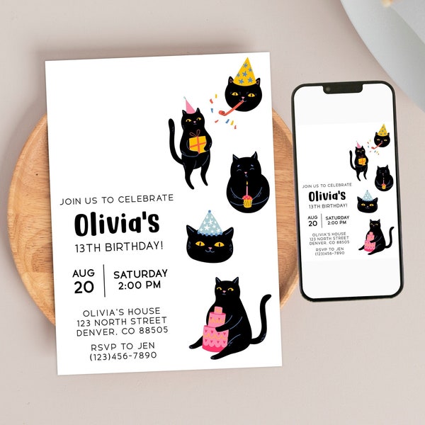 Black Cat Cute Birthday Invitation Template, Girl's Teenager Black Cat Birthday Party, Cat Birthday, Instant Download, 5x7, Print or digital